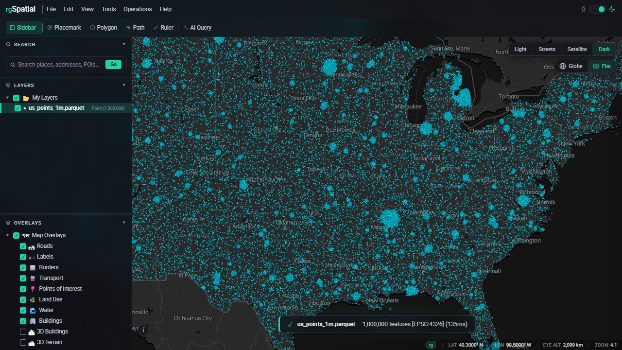 The rgSpatial workspace: a million-point layer rendered on a dark flat map, layers panel and toolbar visible